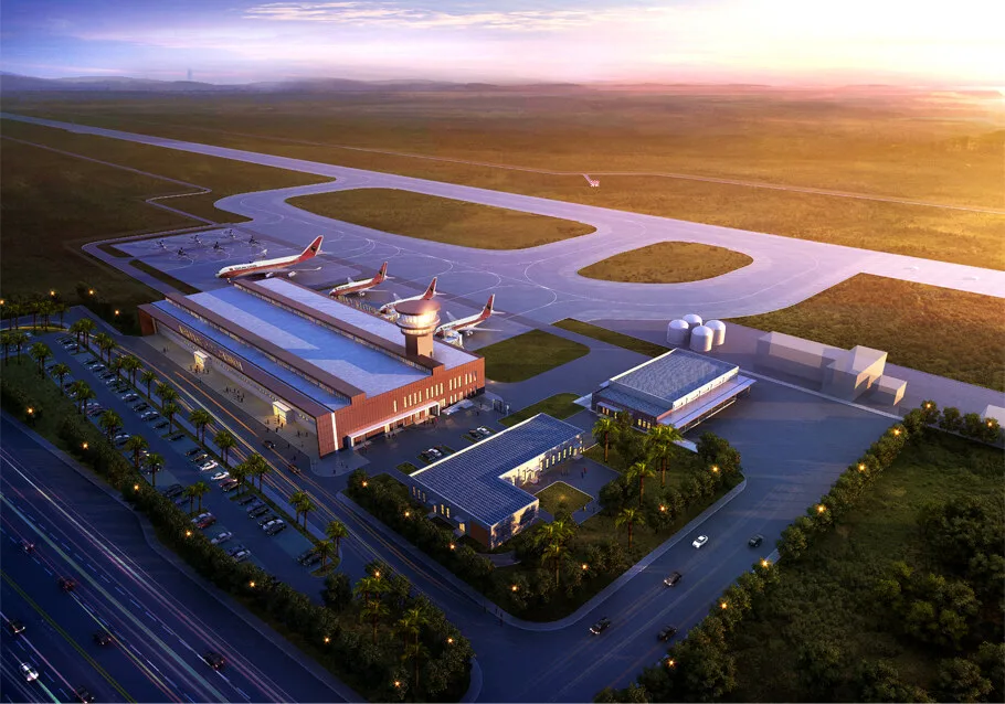 Render do aeroporto de Cabinda em operacao nocturna