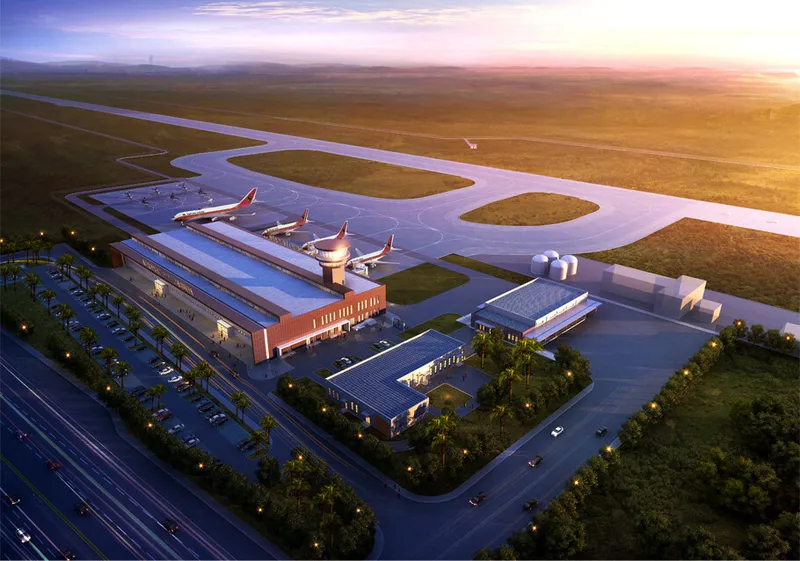Render do aeroporto de Cabinda em operacao nocturna